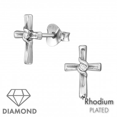 Cross - 925 Sterling Silver Diamond Ear Studs SD49876