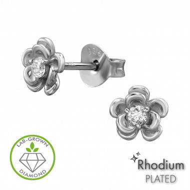 Five Petal Blossom Rhodium Plated - 925 Sterling Silver Diamond Ear Studs SD51307