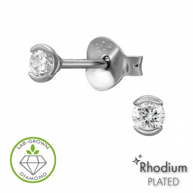 Round 2 Prong Rhodium Plated - 925 Sterling Silver Diamond Ear Studs SD51313
