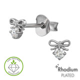 Bow Topped Rhodium Plated - 925 Sterling Silver Diamond Ear Studs SD51317