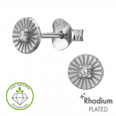 5mm Sunburst Pattern Rhodium Plated - 925 Sterling Silver Diamond Ear Studs SD51321