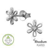 Six Petal Flower (3 Solid And 3 Open) Rhodium Plated - 925 Sterling Silver Diamond Ear Studs SD51331