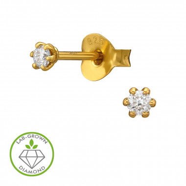 Round 3mm 6-Prong Gold Plated - 925 Sterling Silver Diamond Ear Studs SD51489