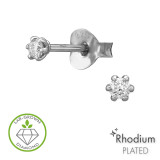 Round 3mm 6-Prong Rhodium Plated - 925 Sterling Silver Diamond Ear Studs SD51490