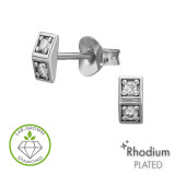 Double Square Rhodium Plated - 925 Sterling Silver Diamond Ear Studs SD51494
