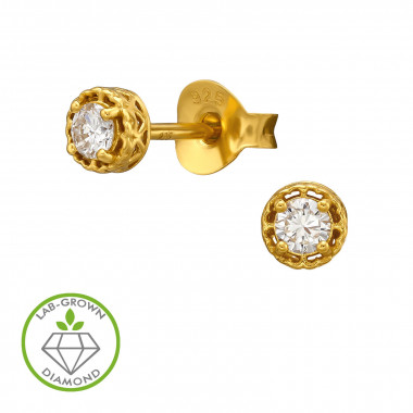 Circular Crown With Heart Cut-Out Gold Plated - 925 Sterling Silver Diamond Ear Studs SD51495
