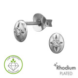 Oval Dome Rhodium Plated - 925 Sterling Silver Diamond Ear Studs SD51502
