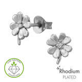 Four-Leaf Clover Rhodium Plated - 925 Sterling Silver Diamond Ear Studs SD51512