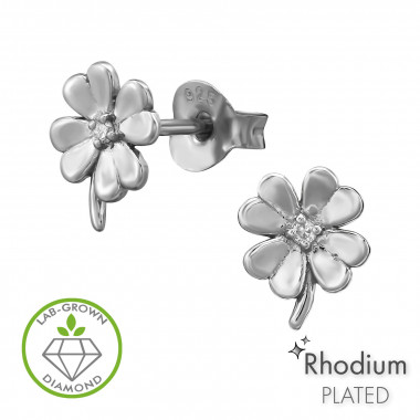 Four-Leaf Clover Rhodium Plated - 925 Sterling Silver Diamond Ear Studs SD51512