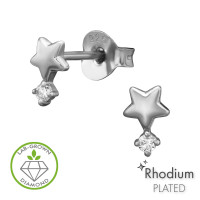 Five Pointed Star With 4-Prong Setting Rhodium Plated - 925 Sterling Silver Diamond Ear Studs SD51518 Five Pointed Star With 4-Prong Setting Rhodium Plated - 925 Sterling Silver Diamond Ear Studs SD51518