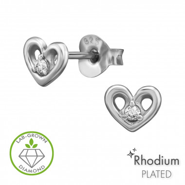 Heart 3-Prong Setting Rhodium Plated - 925 Sterling Silver Diamond Ear Studs SD51520