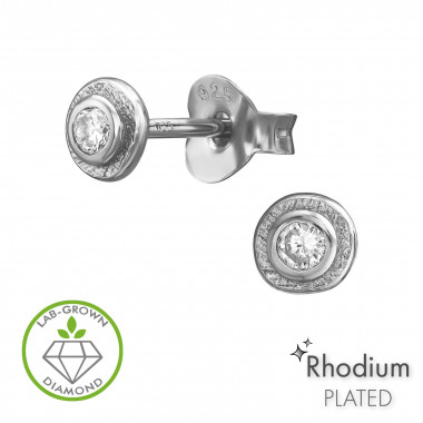 Textured Round Bead Cup Rhodium Plated - 925 Sterling Silver Diamond Ear Studs SD51524