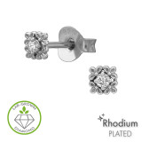 Quad-Floral Rhodium Plated - 925 Sterling Silver Diamond Ear Studs SD51537
