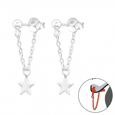 Ball 3mm With Hanging Chain And Star - 925 Sterling Silver Ear Jackets & Double Earrings SD41453