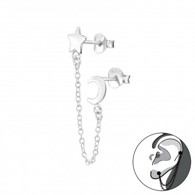 Moon And Star - 925 Sterling Silver Ear Jackets & Double Earrings SD44268