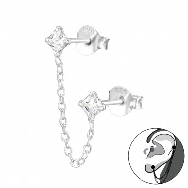 Square With Hanging Chain - 925 Sterling Silver Ear Jackets & Double Earrings SD44730