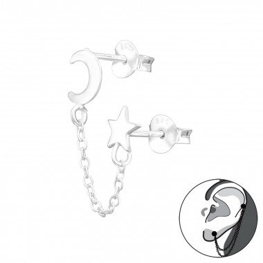 Moon And Star With Hanging Chain - 925 Sterling Silver Ear Jackets & Double Earrings SD44758