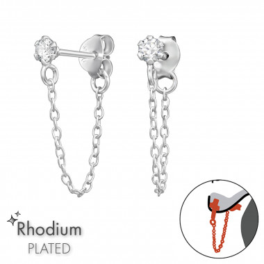 3mm Round With Hanging Chain - 925 Sterling Silver Ear Jackets & Double Earrings SD49738