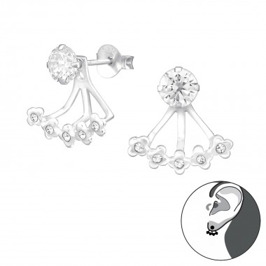 Silver Flower Ear Jacket And Double Earrings With Cubic Zirconia And Crystal - 925 Sterling Silver Ear Jackets & Double Earrings SD36478