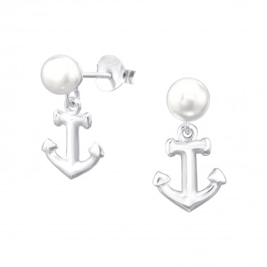 Anchor - 925 Sterling Silver Pearl Stud Earrings SD38397