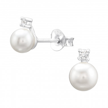 Geometric - 925 Sterling Silver Pearl Stud Earrings SD43416