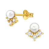 Flower - 925 Sterling Silver Pearl Stud Earrings SD45574