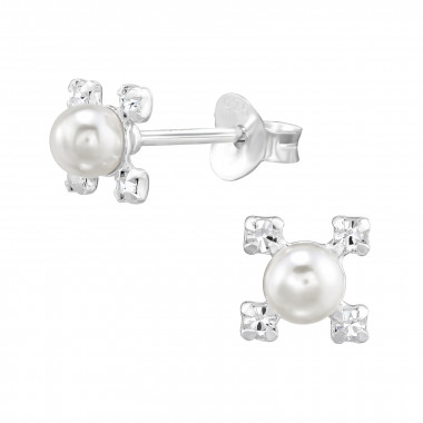 Geometric - 925 Sterling Silver Pearl Stud Earrings SD46853