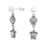 Shell And Turtle - 925 Sterling Silver Pearl Stud Earrings SD46900