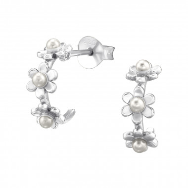 Half Hoop Flower - 925 Sterling Silver Pearl Stud Earrings SD49503