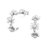 Half Hoop Flower - 925 Sterling Silver Pearl Stud Earrings SD49503