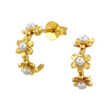 Half Hoop Flower - 925 Sterling Silver Pearl Stud Earrings SD49504