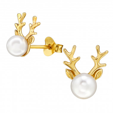 Deer - 925 Sterling Silver Pearl Stud Earrings SD49733