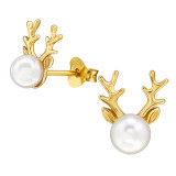 Deer - 925 Sterling Silver Pearl Stud Earrings SD49733