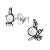 Branch With Three Leaves - 925 Sterling Silver Pearl Stud Earrings SD50075