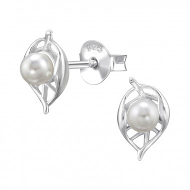 9mm Leaf - 925 Sterling Silver Pearl Stud Earrings SD50100