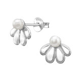Four-Petal Flowers - 925 Sterling Silver Pearl Stud Earrings SD50676
