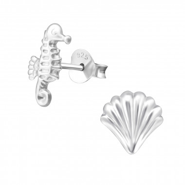 Shell And Seahorse - 925 Sterling Silver Simple Stud Earrings SD30230