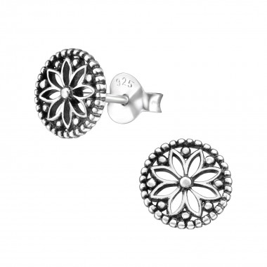 Oxidized Flower - 925 Sterling Silver Simple Stud Earrings SD31674