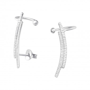 Silver Curved Ear Studs With Ear Cuff - 925 Sterling Silver Simple Stud Earrings SD36115