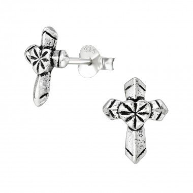 Cross - 925 Sterling Silver Simple Stud Earrings SD38890
