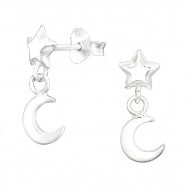 Moon And Star - 925 Sterling Silver Simple Stud Earrings SD42537