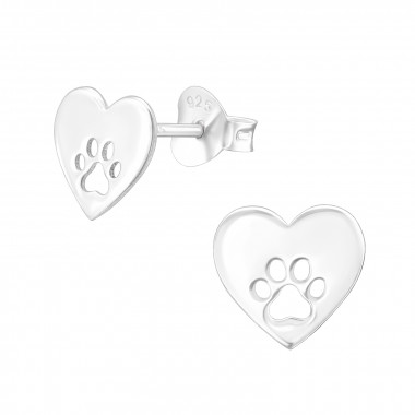 Heart And Paw Print - 925 Sterling Silver Simple Stud Earrings SD44721