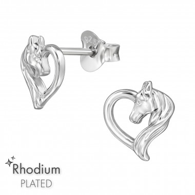 Horse Lover, Heart - 925 Sterling Silver Simple Stud Earrings SD49037