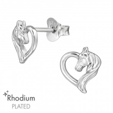 Horse Lover, Heart - 925 Sterling Silver Simple Stud Earrings SD49037
