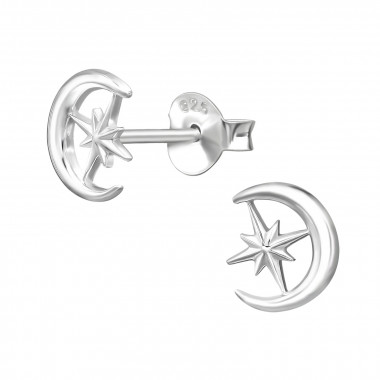 Crescent Moon With North Star - 925 Sterling Silver Simple Stud Earrings SD50680
