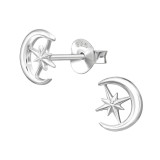 Crescent Moon With North Star - 925 Sterling Silver Simple Stud Earrings SD50680
