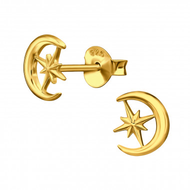 Crescent Moon With North Star Gold Plated - 925 Sterling Silver Simple Stud Earrings SD50681