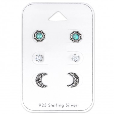Ethnic Moon And Sun - 925 Sterling Silver Stud Earring Sets  SD33250