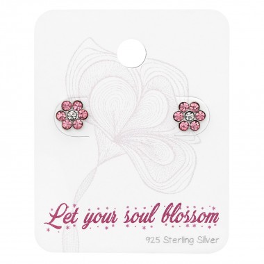 Flower Ear Studs With Crystal On Cute Card - 925 Sterling Silver Stud Earring Sets  SD34129