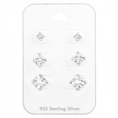 3Mm, 5Mm, 6mm Square - 925 Sterling Silver Stud Earring Sets  SD35245